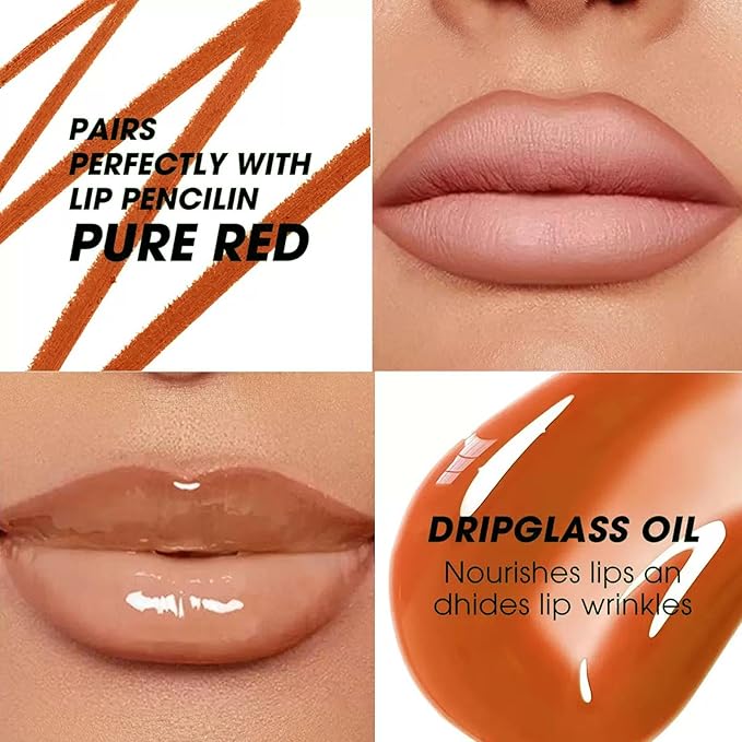 Brown Lip Liner Lip Gloss Set, Waterproof Lip Kit with Lip Oil Lip Liner Pencil, Hydrating Long-Lasting Lipgloss Lip Pencil, High Pigment Non-Sticky lip liner Stain Lipliner (06# Brown)