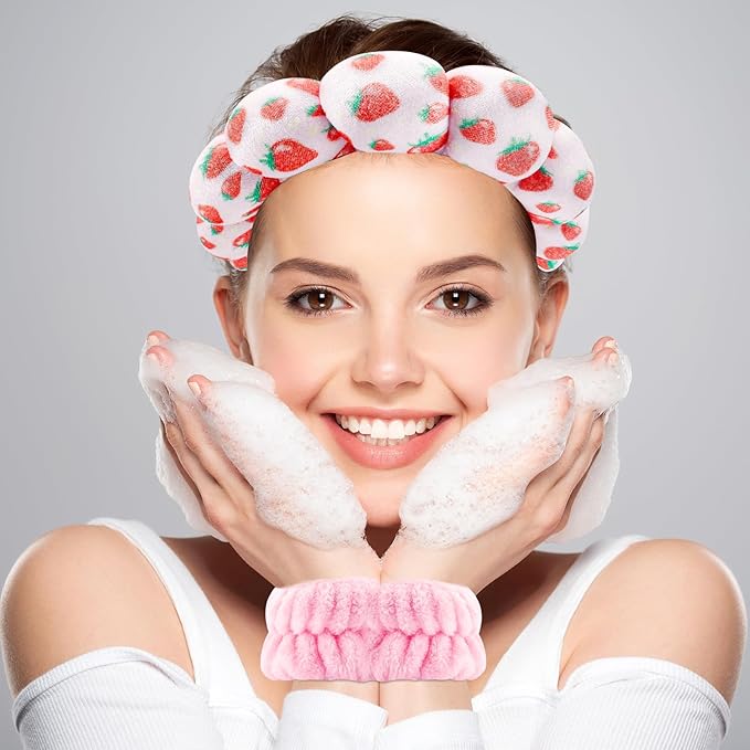 Zkptops Spa Headband for Washing Face Wristband Set Sponge Makeup Skincare Velvet Fabric Bubble Soft Get Ready Hairbands for Women Puffy Pink Headwear Non Slip Thick Thin Hair Accessory (Strawberries)