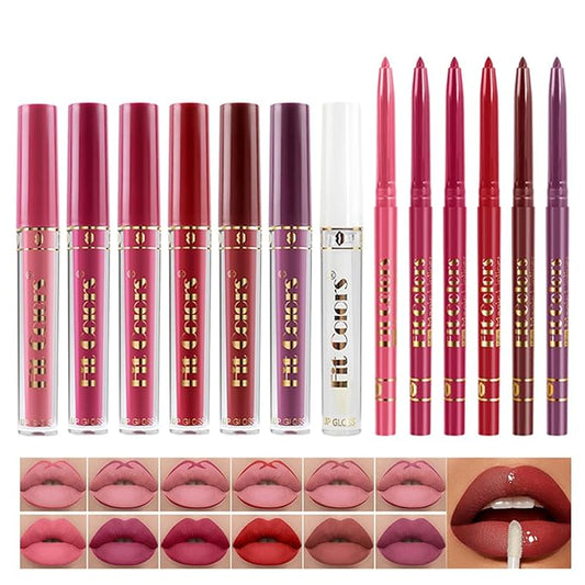 13Pcs Matte Liquid Lipstick + Lip Liner Pens Set, 6 Matte Lipstick+6 Matching Smooth Lipliner+ 1Pcs Lip Plumper Makeup Set Kit, Waterproof Long Lasting 24 Hour Lip Makeup Christmas Gifts for Women