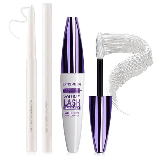 White Mascara and Eyeliner Set 5D Coloured Mascara for Eyelashed, Volumizing Curling Defining Eye Lashes，Long-Lasting Waterproof White Makeup