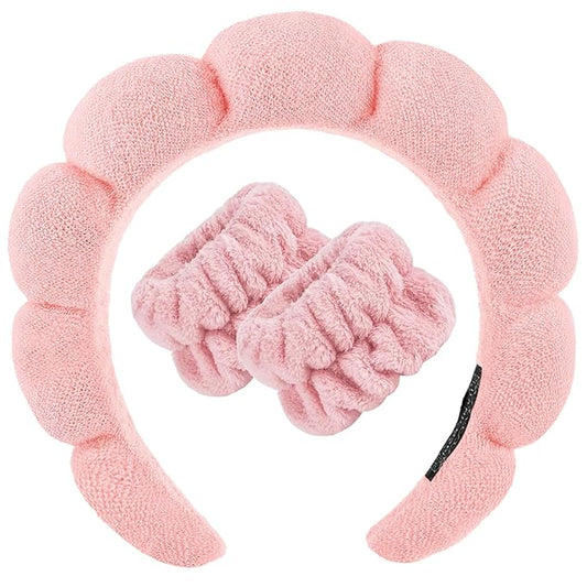 Zkptops Spa Headband for Washing Face Wristband Set Sponge Makeup Skincare Terry Cloth Bubble Soft Get Ready Hairband for Women Girl Puffy Padded Headwear Non Slip Thick Hair Accessory(Orange Pink-2)
