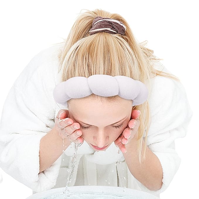 Zkptops Spa Headband for Washing Face Wristband Sponge Makeup Skincare Headband Bubble Soft Terry Cloth Hairband Christmas Birthday Gift for Women Girls Fashion Puffy Non Slip Thick Headwear (White)
