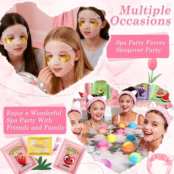 110PCS Spa Party Supplies for Girls,Spa Party Favors Include Lip Balm,Lip Mask,Foot Bath Bombs,Face Masks Skincare For Girls 10-12,Spa Birthday Sleepover Party Stocking Stuffers for Teens & Women
