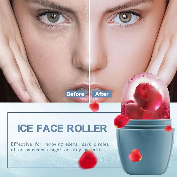 XHJRI Ice Face Roller Massager,Ice Cube Roller for Face, Eyes and Neck Naturally Conditioning and Skin Care,De-Puff Eye Bags,Reduce Migraine Pain,Reusable Massage Silicone Ice Mold (New Blue)