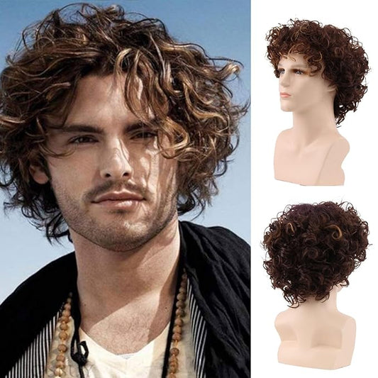Short Wavy Brown Wigs For Men Costume Wigs Heat Resistant Synthetic Wigs With Wig Cap Mens Wig Cosplay Wigs