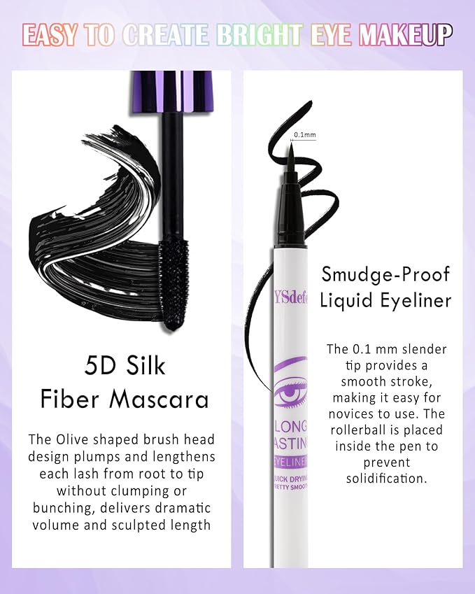 White Mascara Liquid Eyeliner Set,5D Waterproof Fiber Colored Mascara Volume and Length,Longlasting Smudgeproof Color Eye Liner Pen,Cosplay Party Stage Use,Christmas Makeup Gift Kit for Women Girl