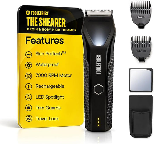 TOOLETRIES The Shearer - Groin & Body Hair Trimmer for Men, Electric Shaver for Pubic Hair, Balls, Groin, Chest, Legs, Waterproof Wet/Dry Clippers, Rechargeable, Bonus Shower Kit