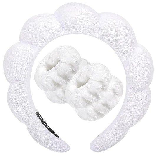 Zkptops Spa Headband for Washing Face Wristband Sponge Makeup Skincare Headband Bubble Soft Terry Cloth Hairband Christmas Birthday Gift for Women Girls Fashion Puffy Non Slip Thick Headwear (White)