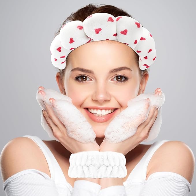 Zkptops Spa Headband for Washing Face Wristband Set Sponge Makeup Skincare Velvet Fabric Bubble Soft Get Ready Hairbands for Women Puffy Headwear Non Slip Thick Thin Hair Accessory (Red Heart)