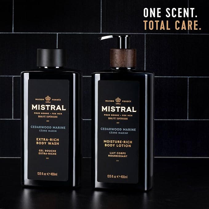 Mistral Cedarwood Marine Body Lotion for Men | Moisture-Rich Body Cream | Fast-Absorbing Men’s Lotion with Shea Oil & Squalane | Natural & Paraben-Free | Masculine Scent – 13.5 fl oz