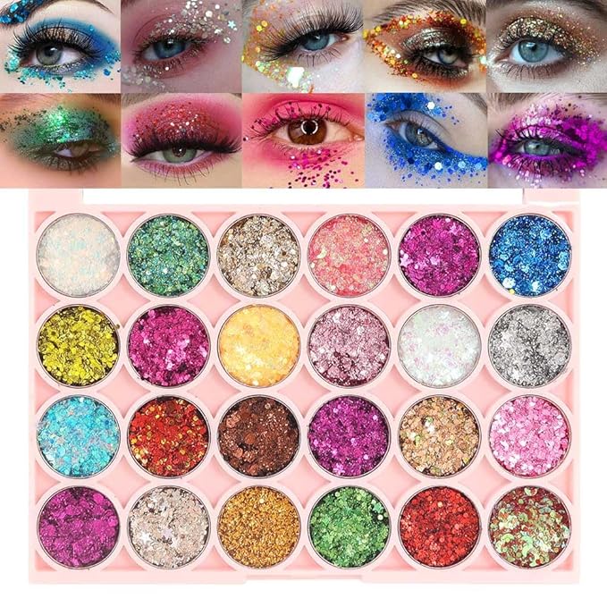 evpct 24 Colors Glitter Eyeshadows Palette Makeup for Women, Black White Pink Green Blue Rainbow Sparkle Neon Metallic Shimmer Shiny Eyeshadow Palette, Body Pressed Eye Shadow Glitter Palette Makeup