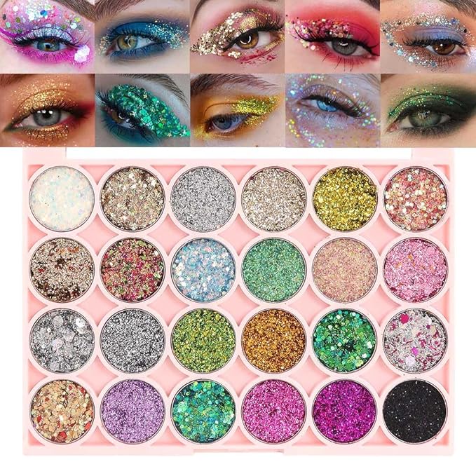 evpct 24 Colors Glitter Sparkle Eyeshadows Palette Makeup for Women, Black White Pink Green Blue Rainbow Neon Metallic Shimmer Shiny Eyeshadow Palette, Body Pressed Eye Shadow Glitter Palette Makeup