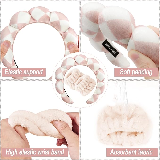 Zkptops Spa Headband for Washing Face Wristband Set Sponge Makeup Skincare Velvet Fabric Bubble Soft Get Ready Hairbands for Women Puffy Headwear Non Slip Thick Thin Hair Accessory (Checkered)