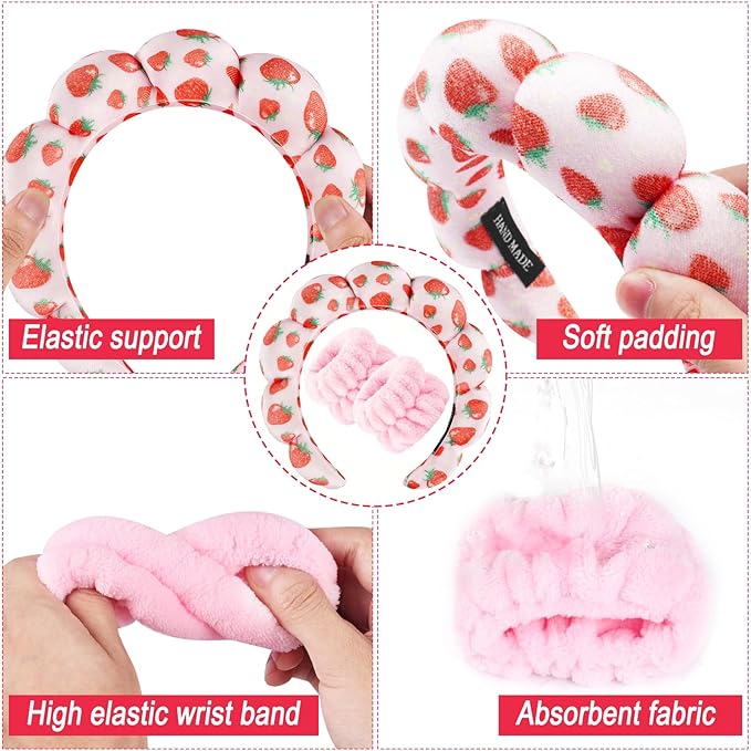 Zkptops Spa Headband for Washing Face Wristband Set Sponge Makeup Skincare Velvet Fabric Bubble Soft Get Ready Hairbands for Women Puffy Pink Headwear Non Slip Thick Thin Hair Accessory (Strawberries)