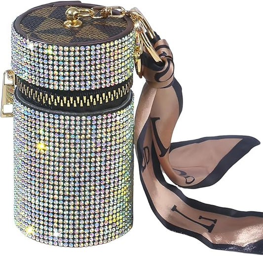 Bling Rhinestone Shiny Lipstick Case Keychain, Leather Diamond Lip Gloss Holder, Travel Lipstick Organizer for Purse Perfume Fingernail Polish (Colorful)