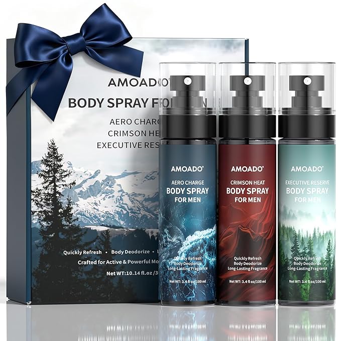 Men’s Body Spray Set – 3 Pack Body Mist for Men,Deodorizing Body Spray, Aluminum-Free Cologne Gift Set for Him, Travel Size Fresh, Oriental & Woody Scents,Each 3.4 fl oz