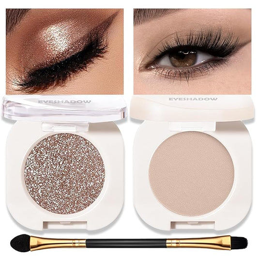 Matte Glitter Eyeshadow Palette 2 PCS, Nude Brown Eye Shadow Palettes Shimmer Neutral Eyeshadow for Older Women, Smooth Powder Lightweight Blendable High Pigment Compact Daily Eyes Makeup, Set D