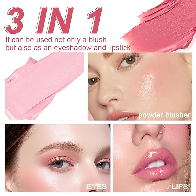 Facial Blush Stick with Brush, Creamy Lip & Cheek Color with Caesalpinia Sappan Extract, Pearl Light Pink, 0.5 Oz