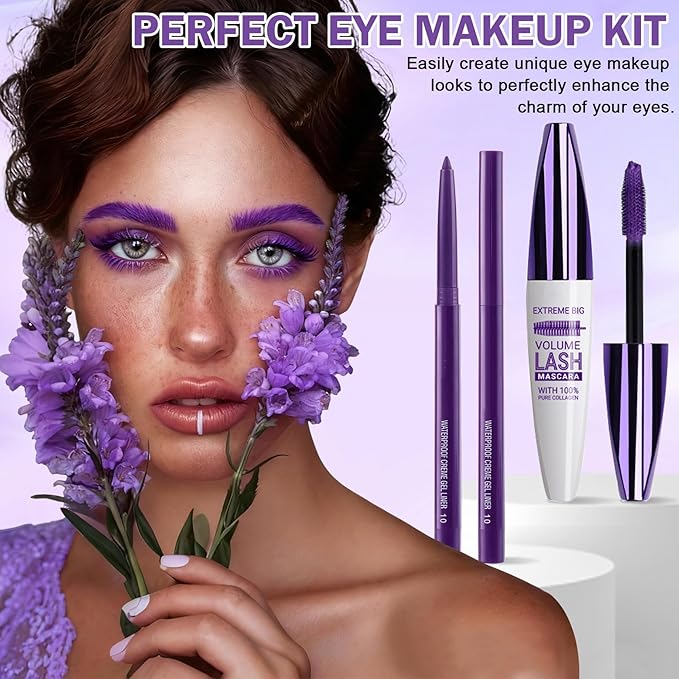 Purple Mascara and Eyeliner Set 5D Coloured Mascara for Eyelashed, Volumizing Curling Defining Eye Lashes，Long-Lasting Waterproof Purple Makeup