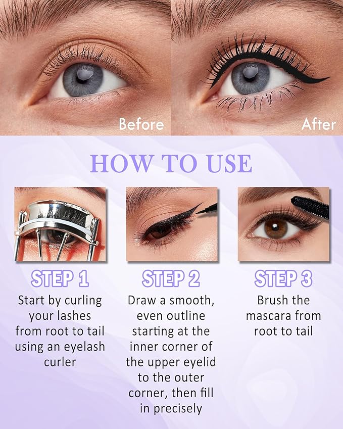 White Mascara Liquid Eyeliner Set,5D Waterproof Fiber Colored Mascara Volume and Length,Longlasting Smudgeproof Color Eye Liner Pen,Cosplay Party Stage Use,Christmas Makeup Gift Kit for Women Girl