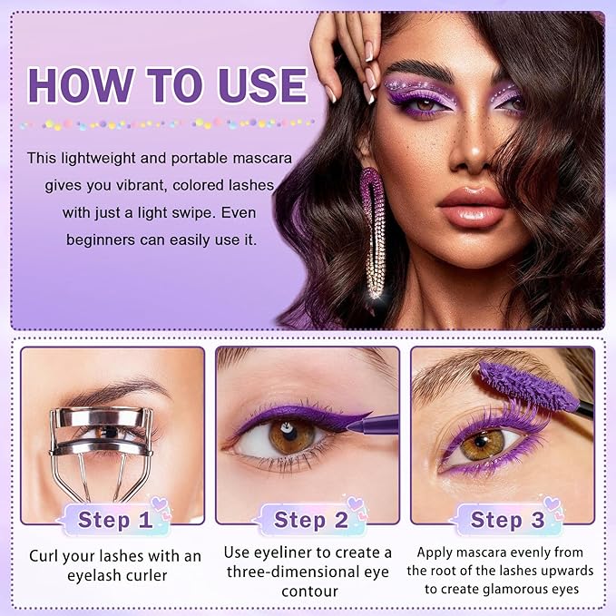 Purple Mascara and Eyeliner Set 5D Coloured Mascara for Eyelashed, Volumizing Curling Defining Eye Lashes，Long-Lasting Waterproof Purple Makeup