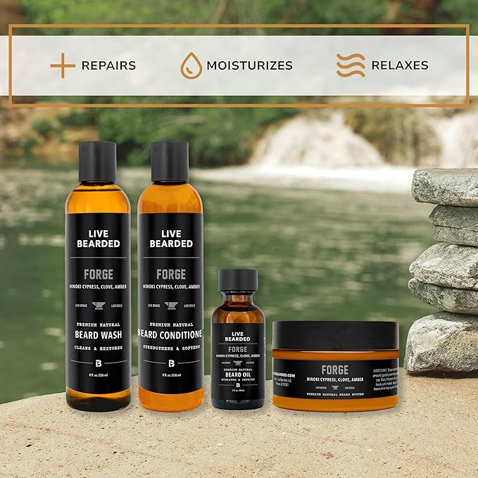 Live Bearded Complete Beard Grooming Kit, Made in the USA with All-Natural Ingredients - Beard Wash, Conditioner, Beard Butter & Beard Oil Kit - Forge Scent, Hinoki Cypress, Clove & Amber