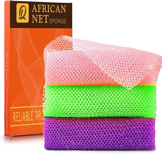 UJFQBH 3 Pieces African Bath Sponge African Net Long Net Bath Sponge Exfoliating Shower Body Scrubber Back Scrubber Skin Smoother,Great for Daily Use (Purple， Pink，Green)