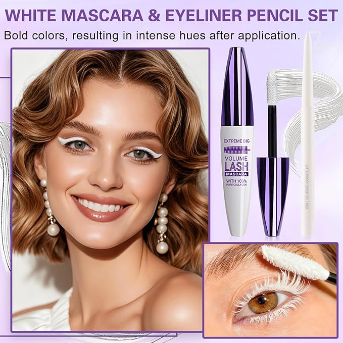 White Mascara and Eyeliner Set 5D Coloured Mascara for Eyelashed, Volumizing Curling Defining Eye Lashes，Long-Lasting Waterproof White Makeup