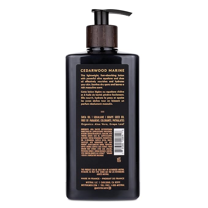 Mistral Cedarwood Marine Body Lotion for Men | Moisture-Rich Body Cream | Fast-Absorbing Men’s Lotion with Shea Oil & Squalane | Natural & Paraben-Free | Masculine Scent – 13.5 fl oz