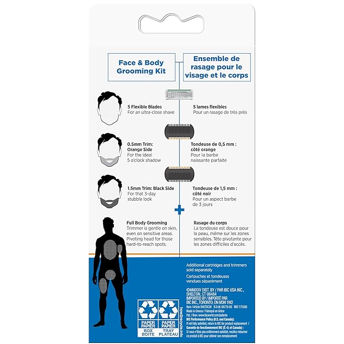 BIC Flex 5 Trim and Shave Body and Beard Trimmer for Men, 5 Blades, 3-in-1 Grooming Kit, 1 Handle, 3 Razor Refills, 6 Trimmers, No Batteries Needed