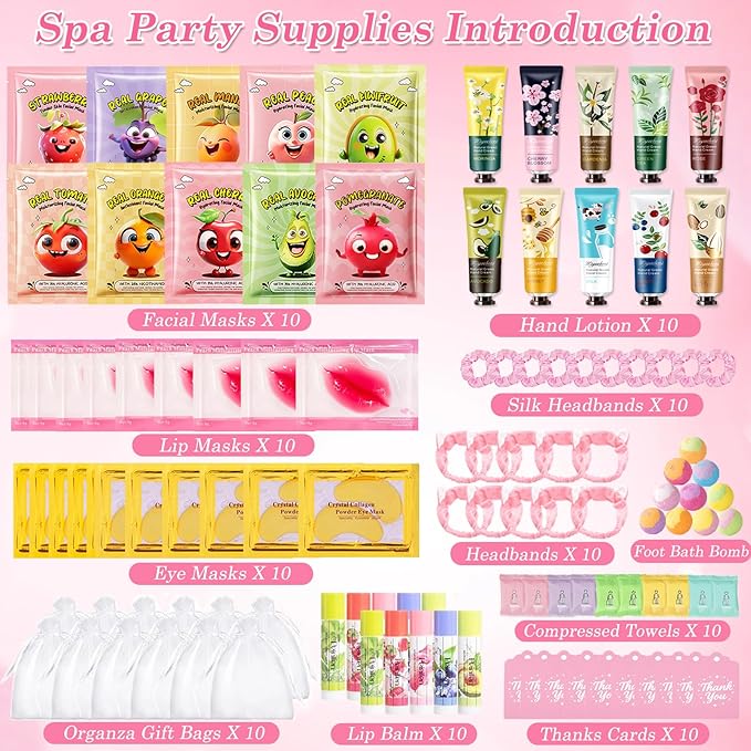 110PCS Spa Party Supplies for Girls,Spa Party Favors Include Lip Balm,Lip Mask,Foot Bath Bombs,Face Masks Skincare For Girls 10-12,Spa Birthday Sleepover Party Stocking Stuffers for Teens & Women
