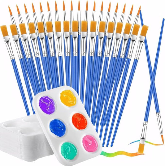 Paint Brushes Bulk(30 Pcs) and Palettes（10 Pcs） - 15 Pcs Flat & 15 Pcs Pointed Paint for Oil Acrylic, Watercolor Painting - Art Supplies for Kids, Adults (Canvas, Face, Nail Art, Classroom, Studio)