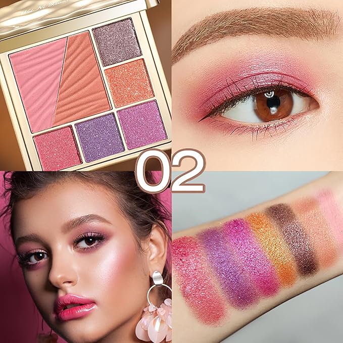 All-in-One Eyeshadow Palette, 7 Colors Eye Shadow Palette, Glitter, Matte, Shimmer Eyeshadows, Blush, Highlighter Contour Makeup Palettes, Highly Pigmented Waterproof Long Lasting. (Color 2)