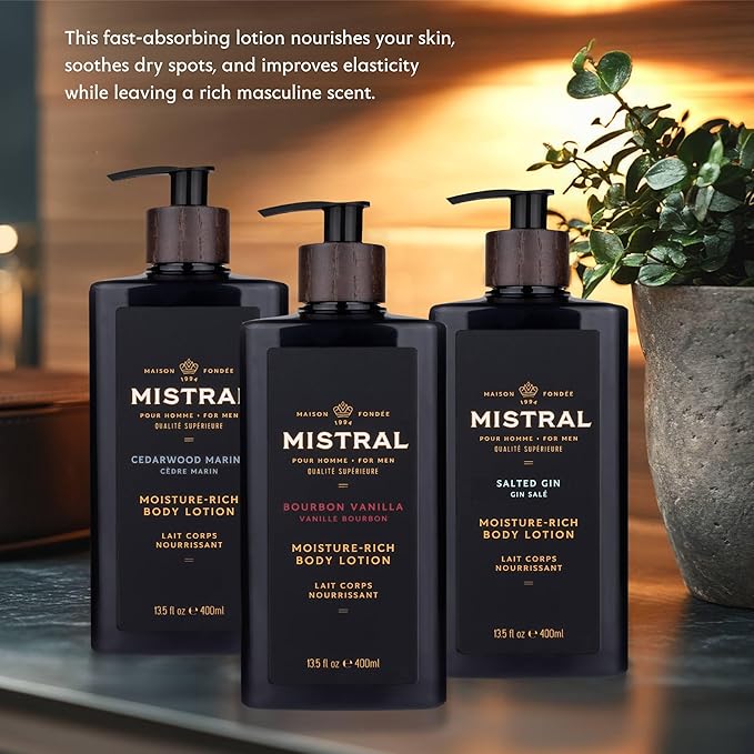 Mistral Cedarwood Marine Body Lotion for Men | Moisture-Rich Body Cream | Fast-Absorbing Men’s Lotion with Shea Oil & Squalane | Natural & Paraben-Free | Masculine Scent – 13.5 fl oz