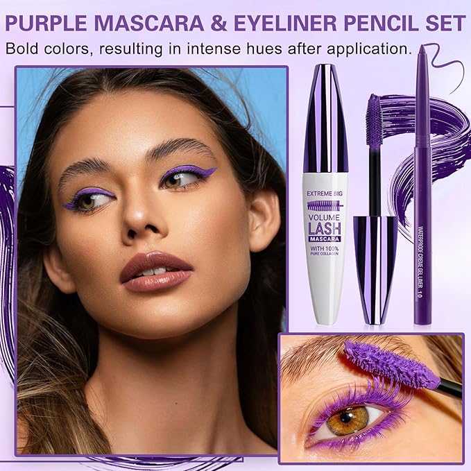 Purple Mascara and Eyeliner Set 5D Coloured Mascara for Eyelashed, Volumizing Curling Defining Eye Lashes，Long-Lasting Waterproof Purple Makeup