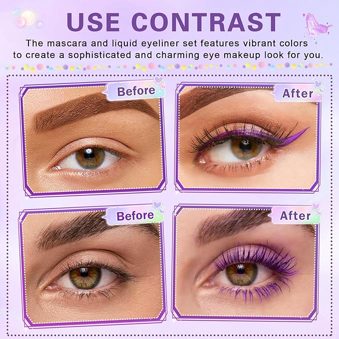 Purple Mascara and Eyeliner Set 5D Coloured Mascara for Eyelashed, Volumizing Curling Defining Eye Lashes，Long-Lasting Waterproof Purple Makeup