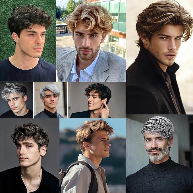 Short Wig for Men Layered Cut Wavy Fluffy Hair Wig with Bangs for Men Highlight Short Wig Natural Looking Synthetic Wigs for Daily Use Black Mix Grey (3571)