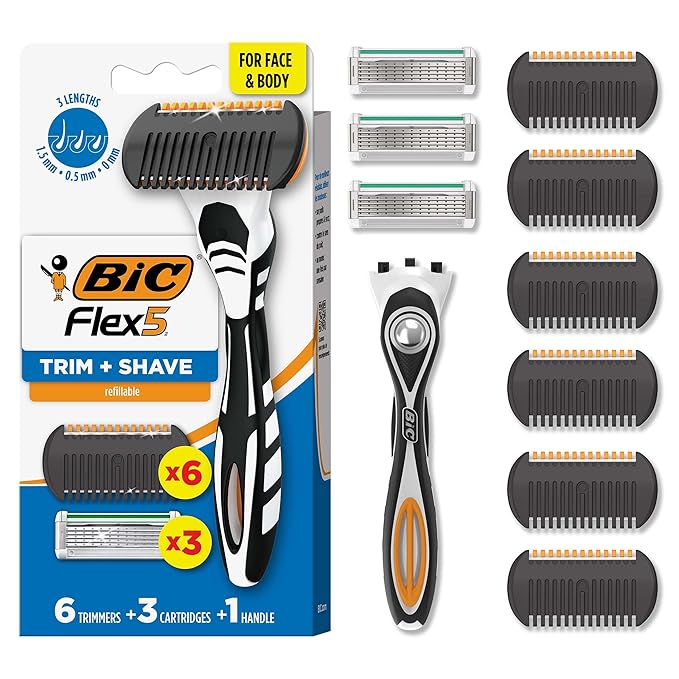 BIC Flex 5 Trim and Shave Body and Beard Trimmer for Men, 5 Blades, 3-in-1 Grooming Kit, 1 Handle, 3 Razor Refills, 6 Trimmers, No Batteries Needed